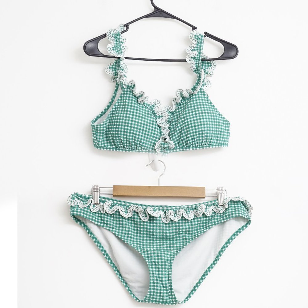 J Crew Scalloped ruffle bikini in Green textured gingham L